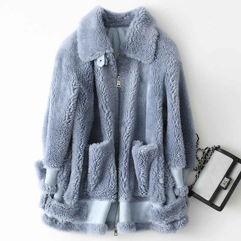 Blue AYUNSUE, стрижка овец, настоящее меховое пальто, Корейская элегантная повседневная женская Зимняя шерстяная куртка, женское теплое красное пальто средней длины 19001 - Цвет: Blue