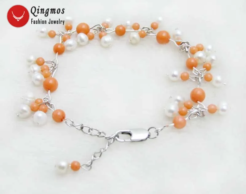 Модный браслет Qingos из кораллов и жемчуга для женщин с Белым Круглым жемчугом 5-6 мм и розовым кораллом 3-6 мм 7-9 дюймов, изящный браслет, ювелирные изделия 386