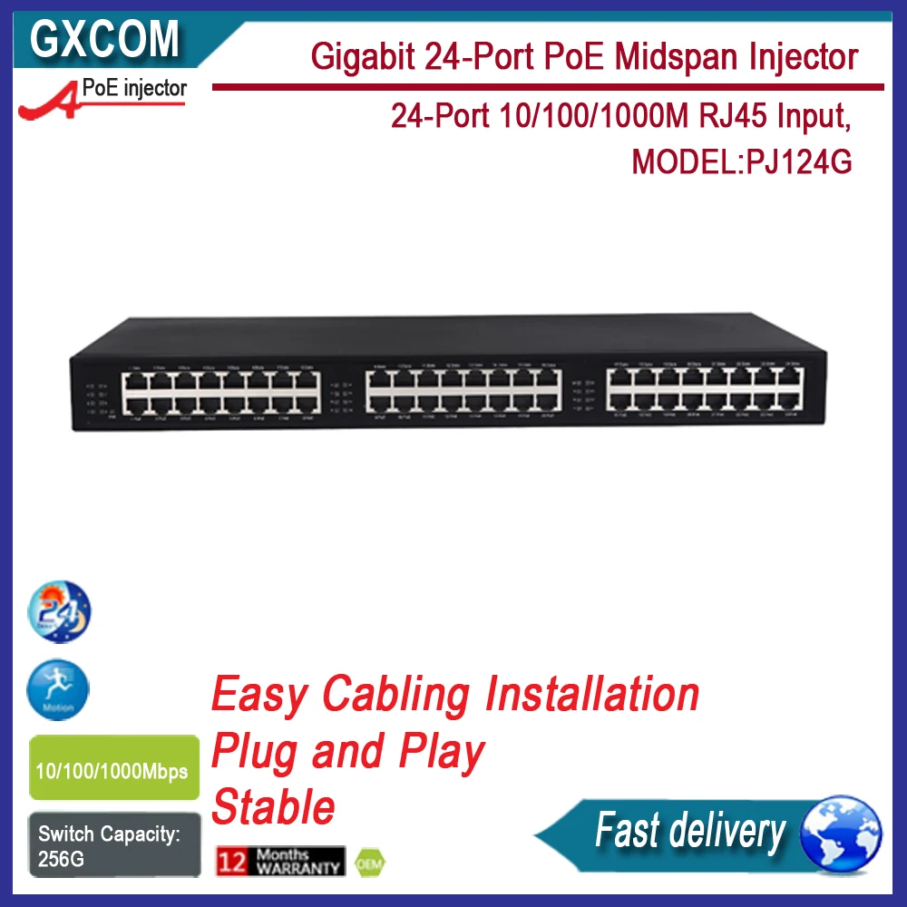 PJ124G 24 портовый гигабитный Инжектор Poe 10/100/1000 м вход RJ45 выход PoE с IEEE802.3af/at poe