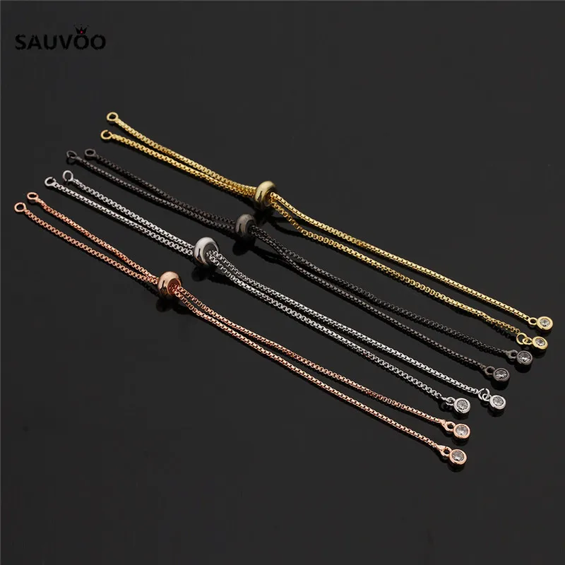SAUVOO 2pcs Rhodium Black Rose Gold Color Box Chain Link Chains with CZ Tassel Charms for Slide Bracelet Jewelry Making | Украшения и