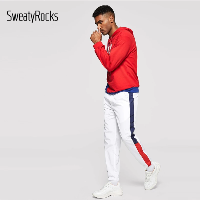 SweatyRocks, мужские брюки с контрастными надписями, штаны для активного отдыха, мужские длинные спортивные штаны, весна, повседневные белые штаны и брюки