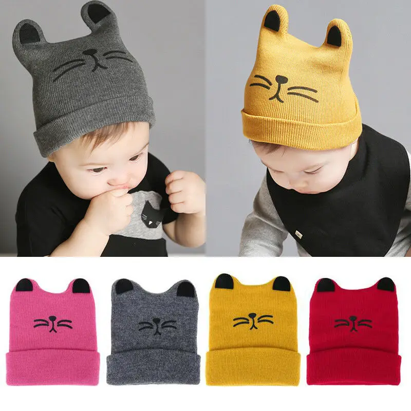 Мягкая Милая зимняя теплая вязаная шапка с рисунком кота для маленьких мальчиков