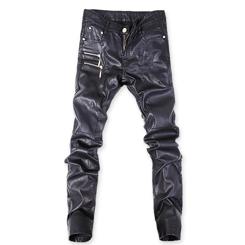 2018 skinny pants men new black leather pants, male leather pants, slim Korean leather  trousers