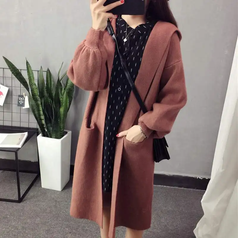Warm Hooded Knit Long Female Cardigan Korean Winter Faux Cashmere Sweater for Women Feminine Coat Ladies Sweaters |