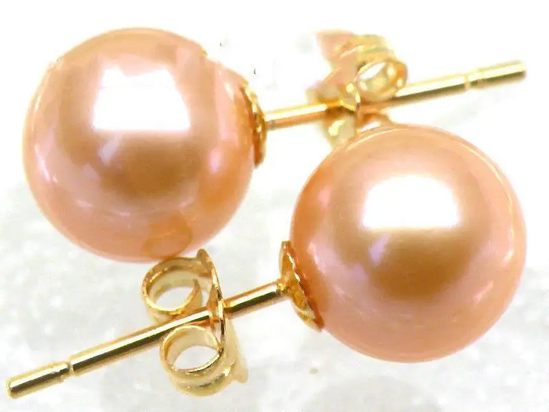 Великолепные идеальные круглые серьги AAA +++ с розовым жемчугом в южноморском стиле, жёлтое золото 14 к