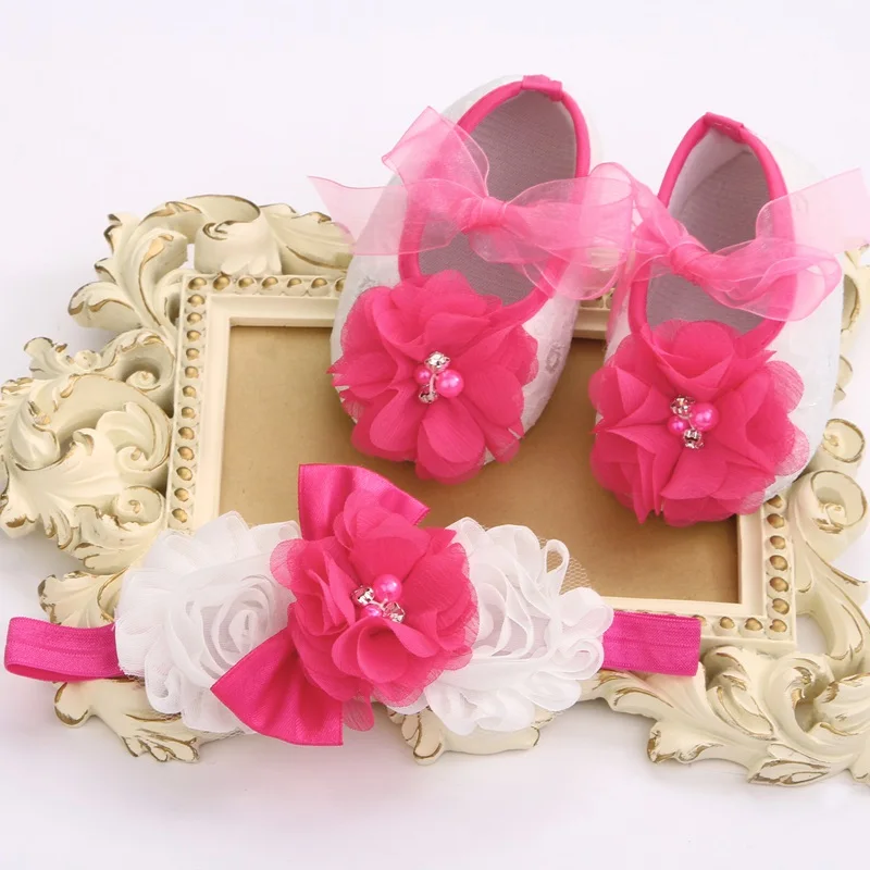 Kids Girls sapato bebe Rhinestone Flower baptism baby Shoe Headband Set Ballerina Shoes Baby Shower Slippers Boutique 3 set/lot |