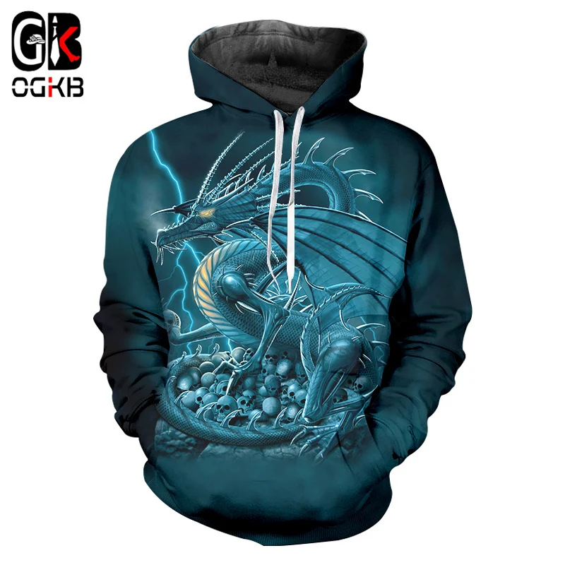 OGKB крутой череп толстовки Синий для женщин принт мигающий Дракон 3D Толстовка High