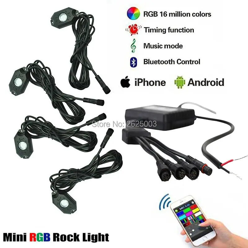 Bluetooth 4 накладки светодиодный RGB Рок Огни Offroad мини рок под автомобиля флеш огни