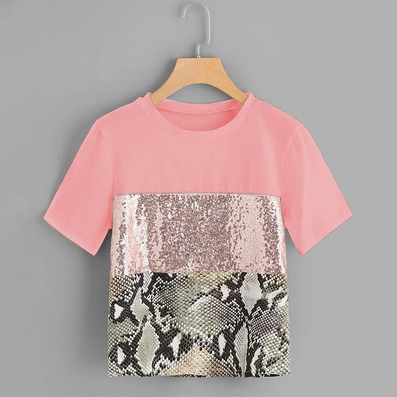 2019 женская летняя футболка Взрывные модели с коротким рукавом и блестками
