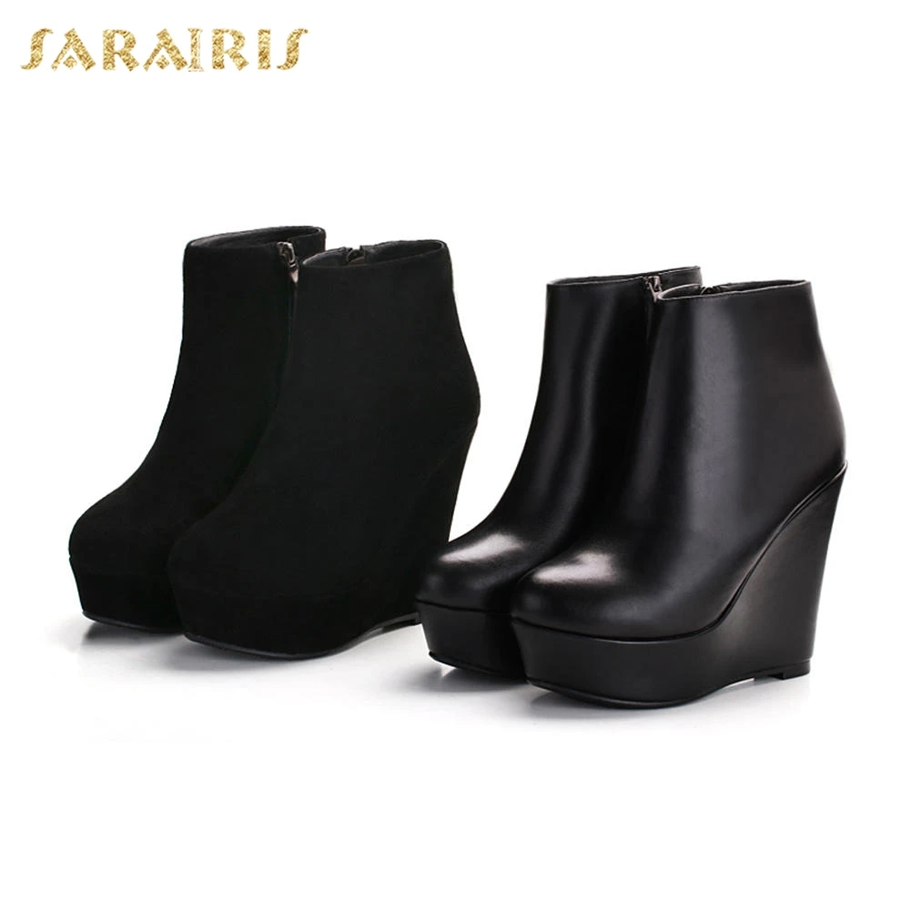 

SARAIRIS plus Size 33-40 2018 fashion wedge high Heels zip up women Shoes woman boots black Ankle Boots shoes woman