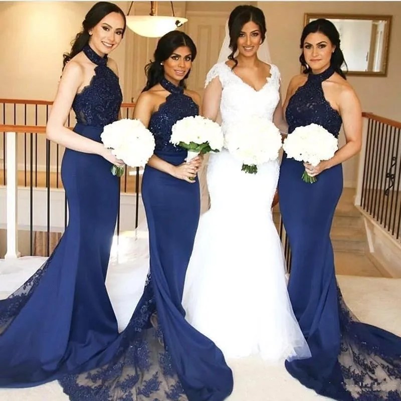

Hot Sale Bridesmaid Dresses Robe demoiselle d'honneur Mermaid Blue Bridemaid Dresses Backless Halter Lace Applique