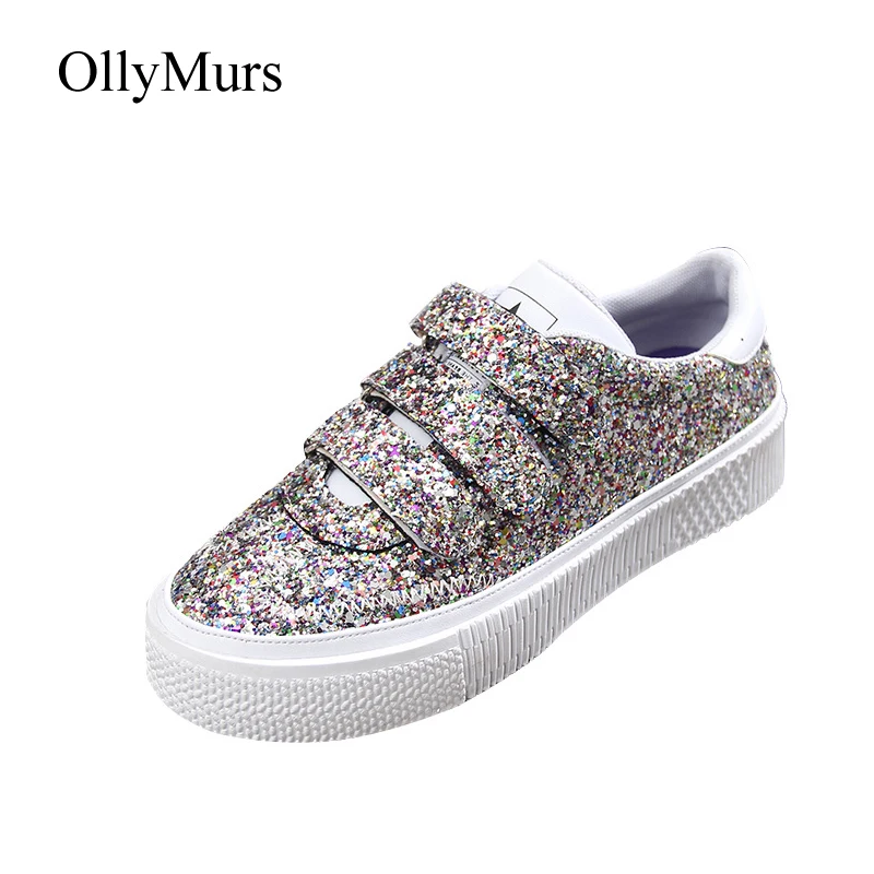Женская обувь на платформе, Блестящие Кроссовки, zapatos de mujer B, Весенняя новинка, chaussures femme, с блестками, женская обувь на не сужающемся книзу массивном каблуке, серебристого цвета