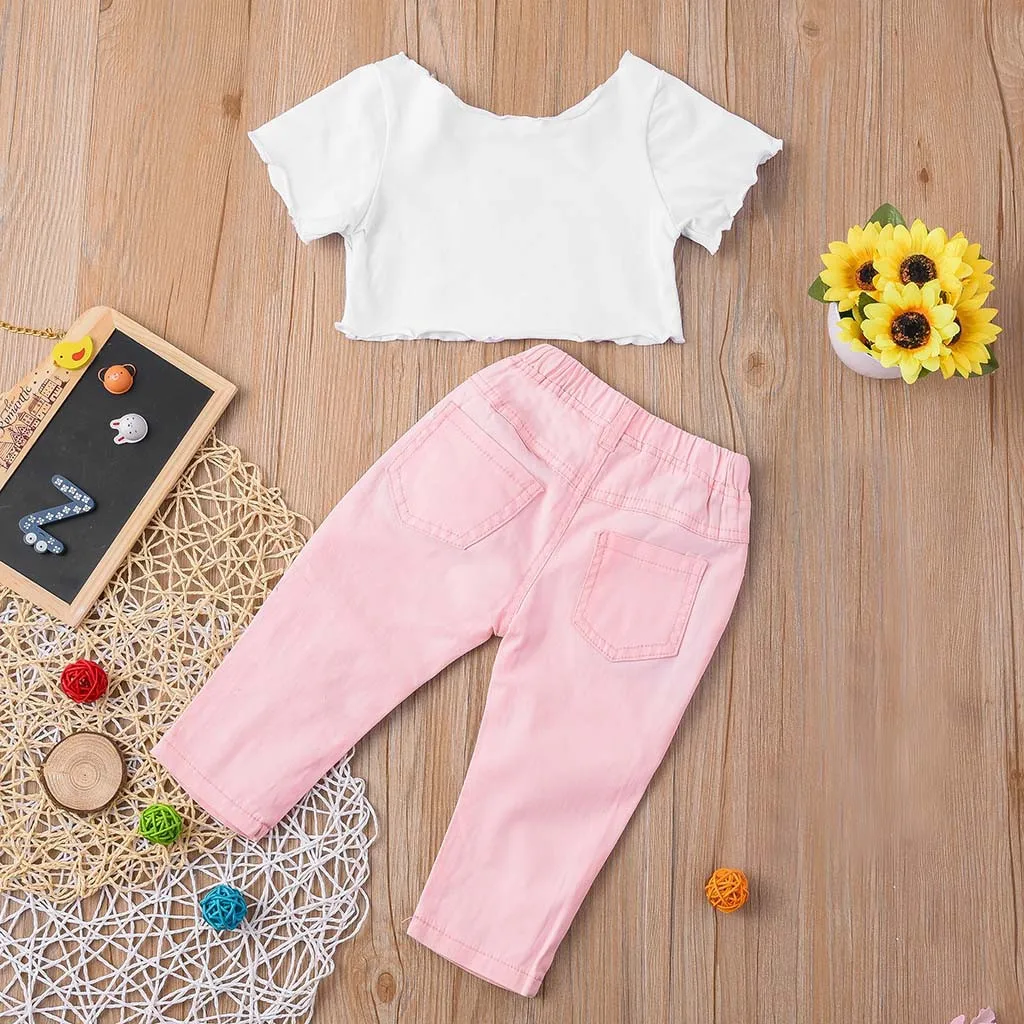 2PCs Newborn Kid Girls Short Sleeve Cartoon Print Tops +Pants Outfits Sets |