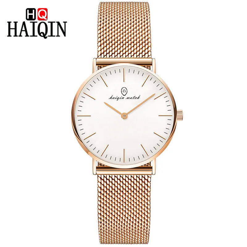 W-Gold-white HAIQIN ультра-тонкие 6 мм парные часы Золотой металлический сетчатый ремень часы вечерние мужские часы Роскошные wo Мужские часы Подарки Relogio Masculino - Цвет: W-Gold-white