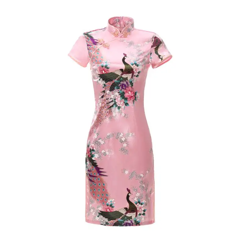 С цветочным принтом и Павлин Атлас для женщин Qipao летние шорты рукавом Винтаж шоу на сцене Cheongsam Плюс размеры 5XL 6XL китайское платье - Цвет: Style 3