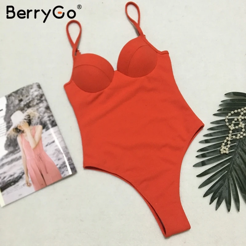 BerryGo, сексуальный цельный купальник, женский, на тонких бретельках, стринги, женское бикини, купальник, пуш-ап, пляжный, Одноцветный, летний купальник - Цвет: Красный