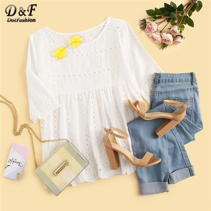 Dotfashion белая блузка с вырезами и зубчатым подолом для женщин Boho летняя повседневная одежда с коротким рукавом модные женские топы и блузки