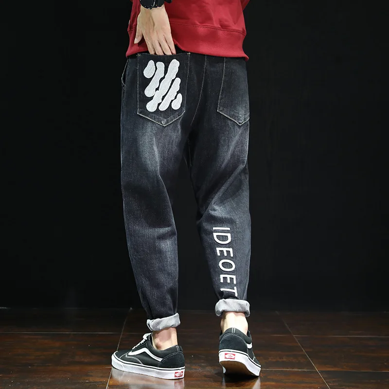 Black Blue Japanese Streetwear Ripped Jeans For Men Size 42 Loose Fashion Casual Joggers Jeans Man Letter Patchwork Autumn - Цвет: Черный
