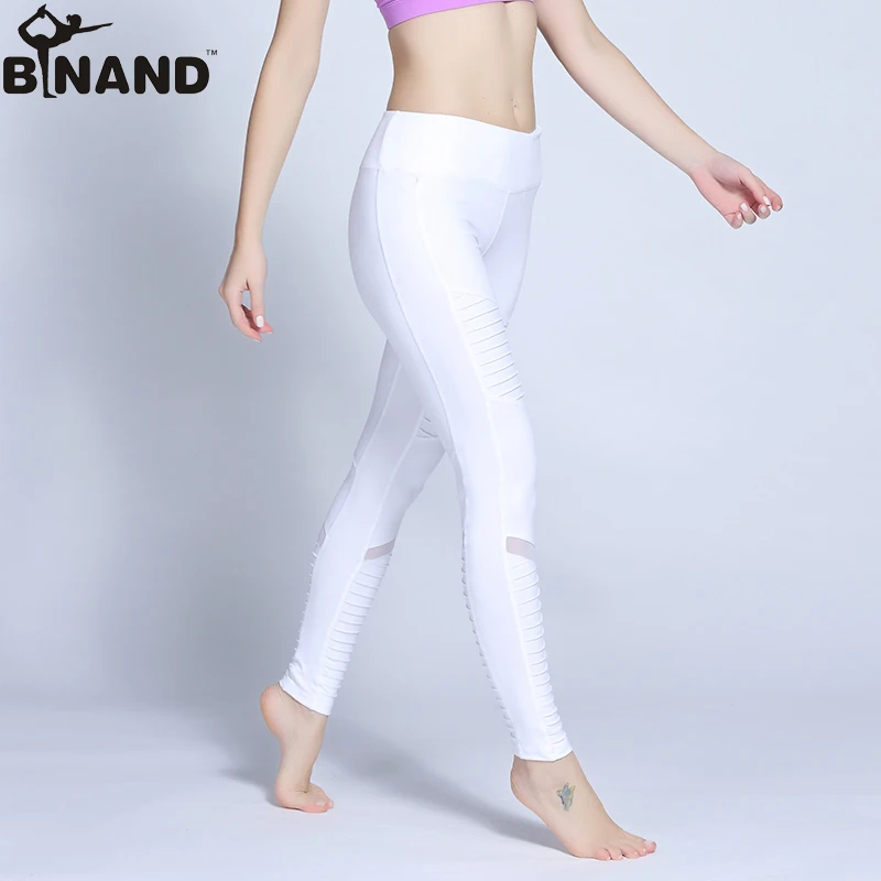 BINAND Professional Fabric Yoga Pants Solid Color Mesh Net Yarn Stitching Tight Sports Legging Quick Dry Training Fitness |