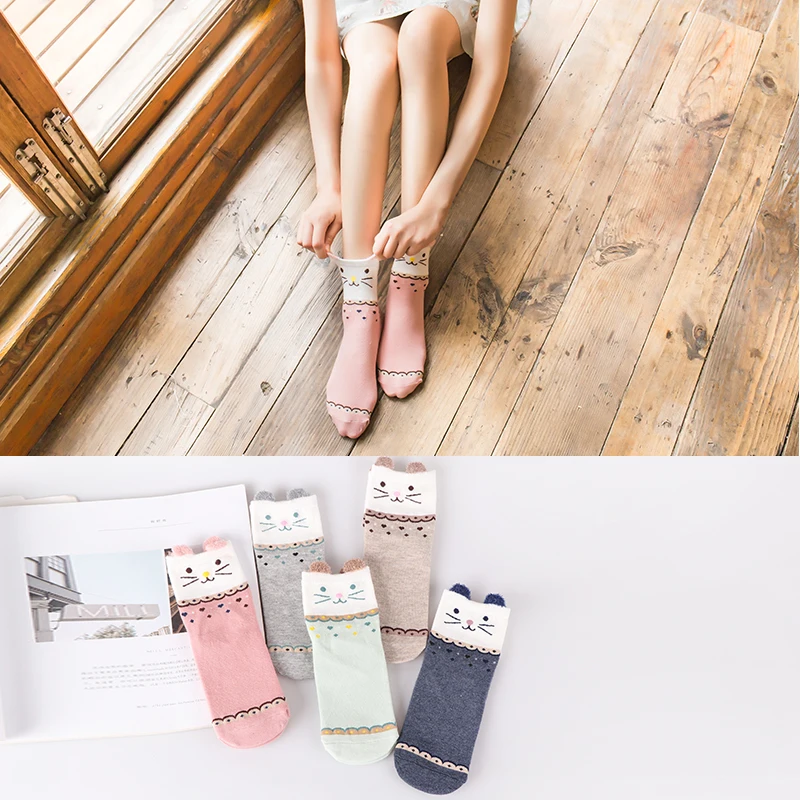 

1Pair New Arrivl Women Cotton Socks Cute Cats Short Socks Casual Animal Ear Red Gril In tube Socks 35-40