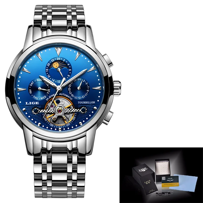 Steel Silver blue LIGE, мужские механические часы с турбийоном, водонепроницаемые, автоматические, с скелетом, деловые наручные часы, мужские Relojes Hombre - Цвет: Steel Silver blue