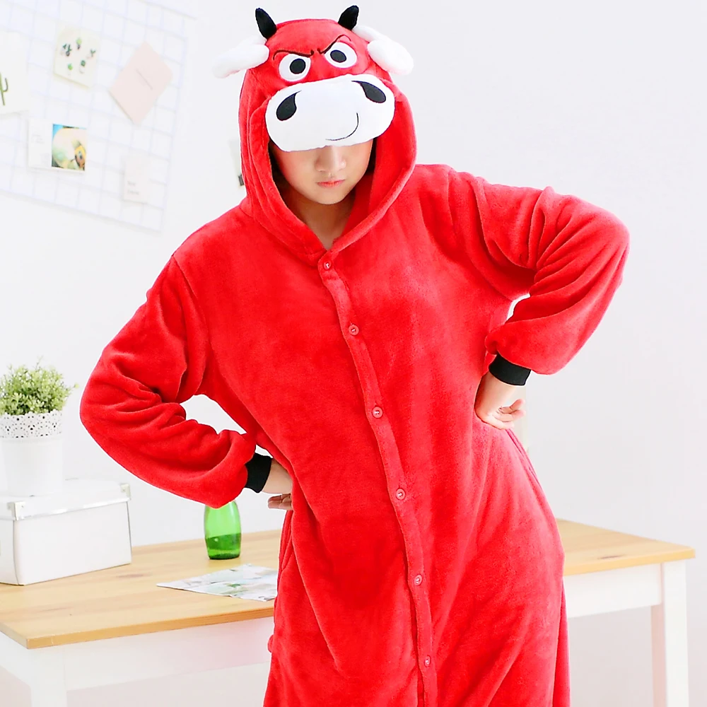 Cartoon Animal Red cow Plush Unisex Flannel Hooded Pajamas For Women Men Girls party Costume |