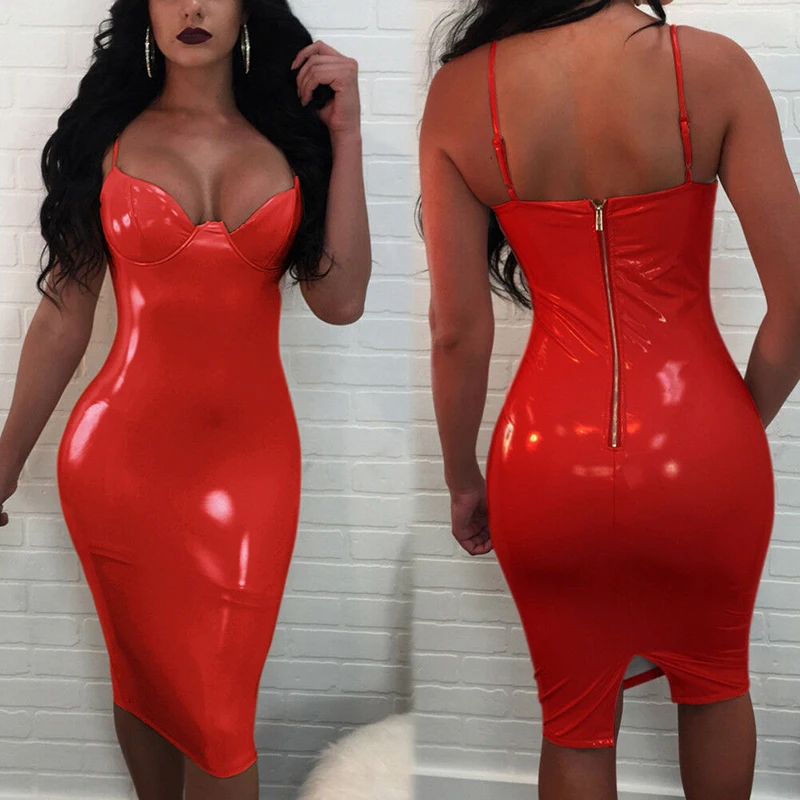 Женские платья Wet Look v образным вырезом на молнии Сплит ночной клуб Bodycon Карандаш