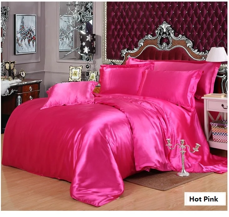Hot Pink Silk Satin bedding set Cal king size queen full twin fitted sheet bed in a bag duvet cover bedspread sheets Custom 6pcs | Дом и сад