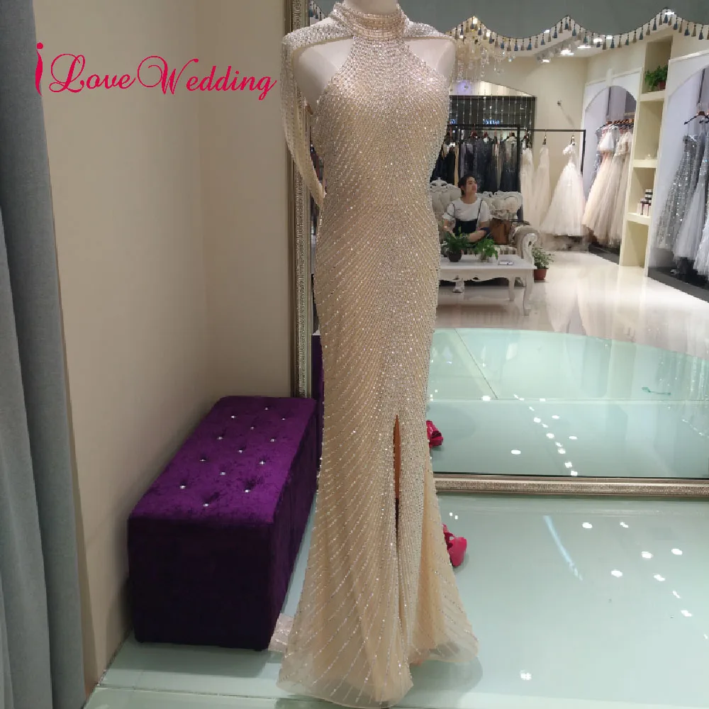 ILoveWedding Элегантное длинное вечернее платье цвета шампанского с украшением в виде