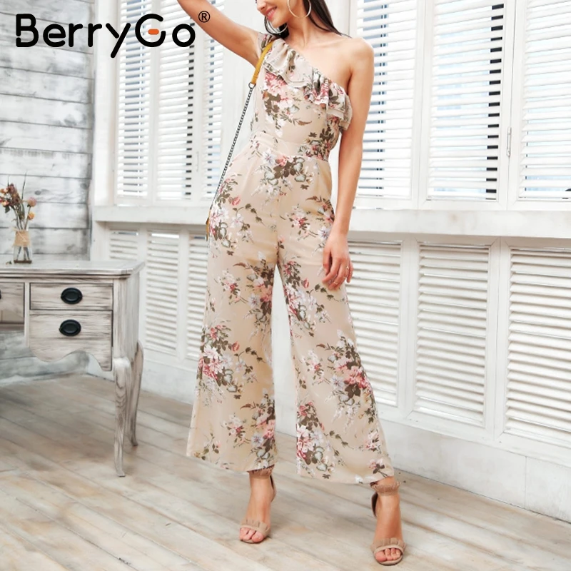 BerryGo Sexy одно плечо boho печати комбинезон Многоуровневое рюшами из шифона Женщины