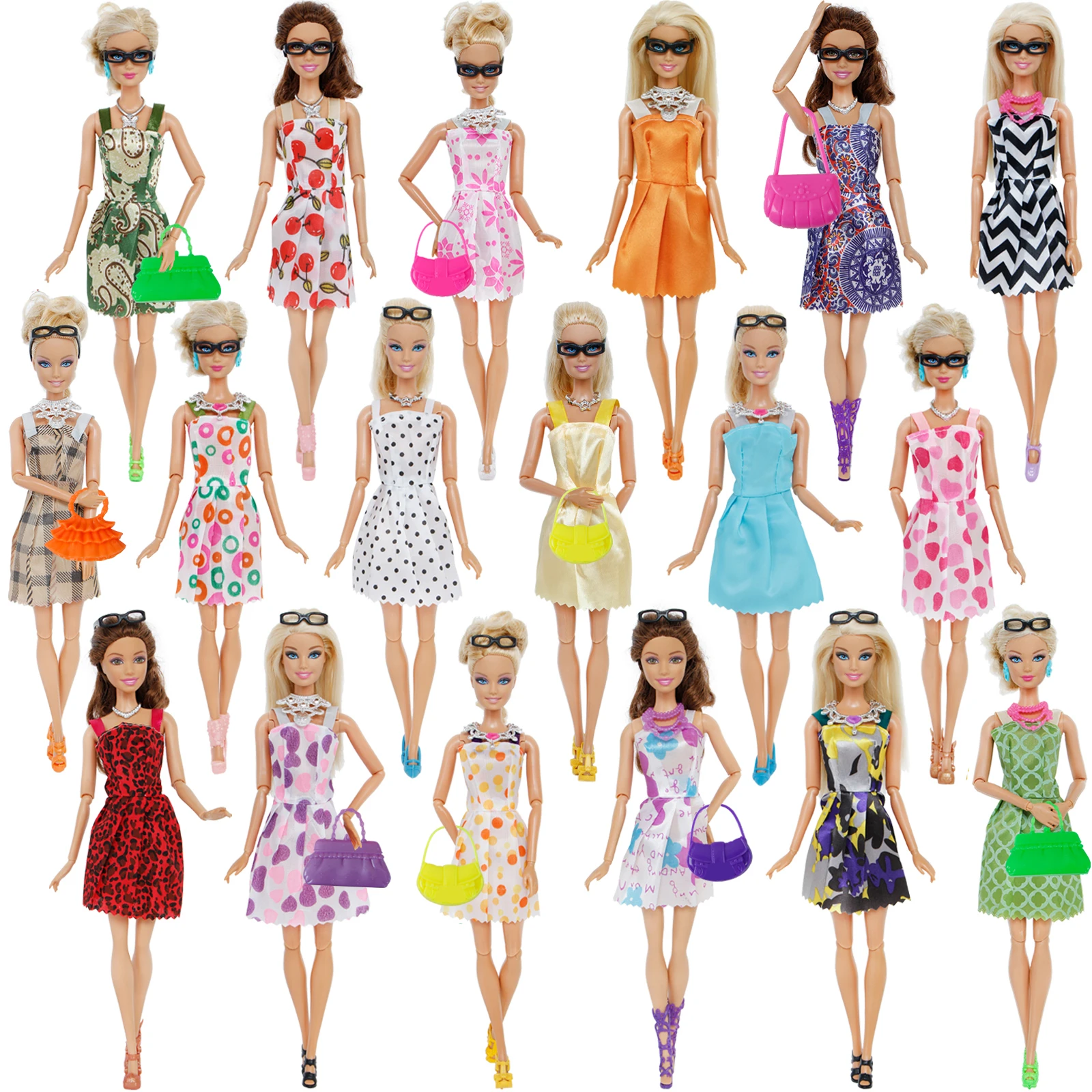 Аксессуары для кукол Barbie = 10 шт. платье + 4 очки 6 пластиковых ожерелий 2 сумки пар