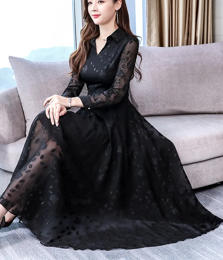 Dingaozlz Vestidos, M-3XL, новинка, отложной воротник, повседневное платье, тонкий длинный рукав, плюс размер, платье,, Осеннее шифоновое платье - Цвет: black
