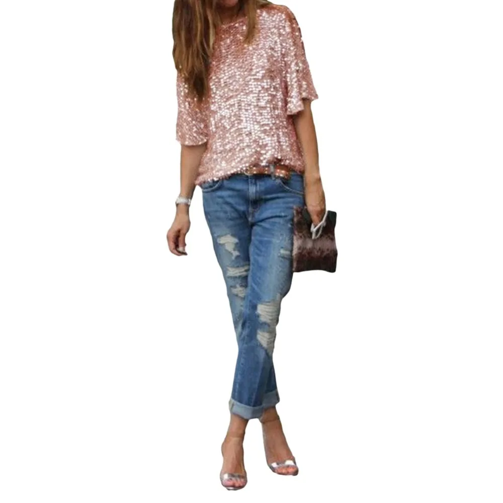 Fashion Women Sexy Loose Off Shoulder Sequin Glitter Blouses Summer Casual Shirts Vintage Streetwear Party Tops | Женская одежда