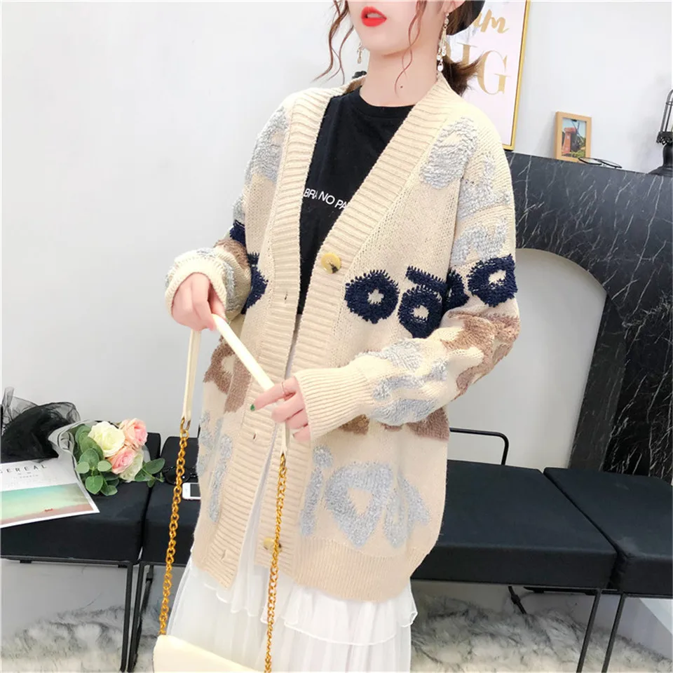 New Autumn Winter Women Cardigan Cute Logo Female Long Sleeve Simple Style Soft Knitted Sweater Botton Korea Knitwear