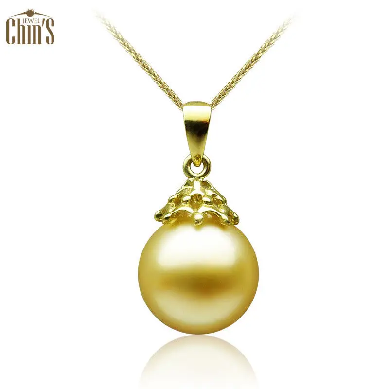 

Free Shipping AAA 9-10mm Round Golden Real South Sea Cultured Pearl Pendant 18K Yellow Gold