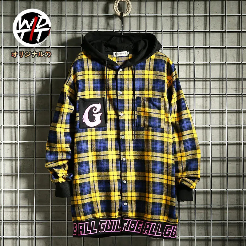 Уличная Мужская рубашка с капюшоном клетчатая длинным рукавом в Корейском стиле