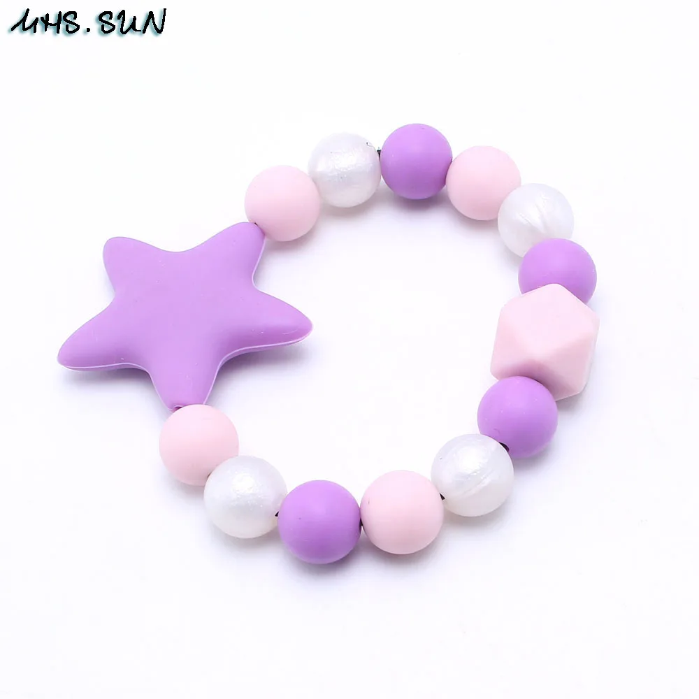 Purple MHS. SUN новые детские силиконовые браслеты пищевого качества, прорезывание зубов, силиконовые браслеты со звездами, браслеты с бусинами, яркие, лучшие для детей, жевательные ювелирные изделия - Окраска металла: Purple