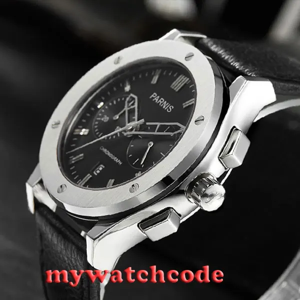 44mm parnis black dial date window quartz chronograph mens wrist watch P521 | Наручные часы