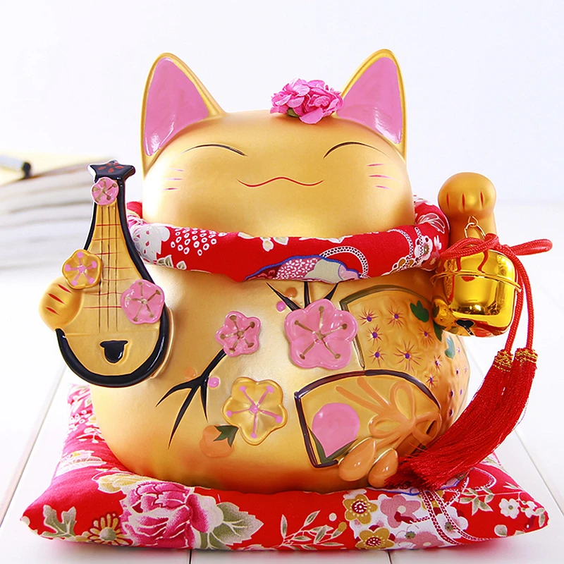 8 дюймов Манеки Неко Керамика Lucky Cat с Лютни Домашний Декор Украшения Творческий