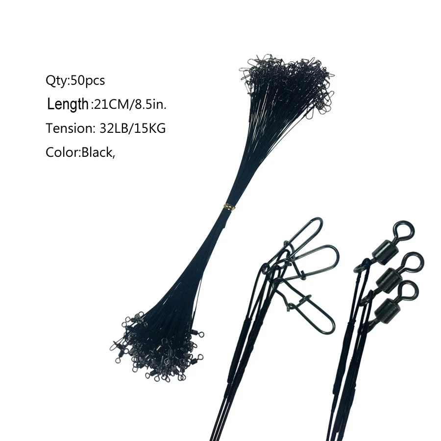 50Pc 21cm 32lb Black 50 шт. 17 см 21 см Рыбалка линии Стальная проволока лидер с прокатки поворачивается дуэт-замок оснастки Рыбалка аксессуар черный зеленый leadcore поводок - Цвет: 50Pc 21cm 32lb Black