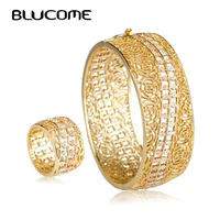 blucome special three colors metal rose flower shape wide bangle ring set women bridal jewelry sets large bangles wedding rings
