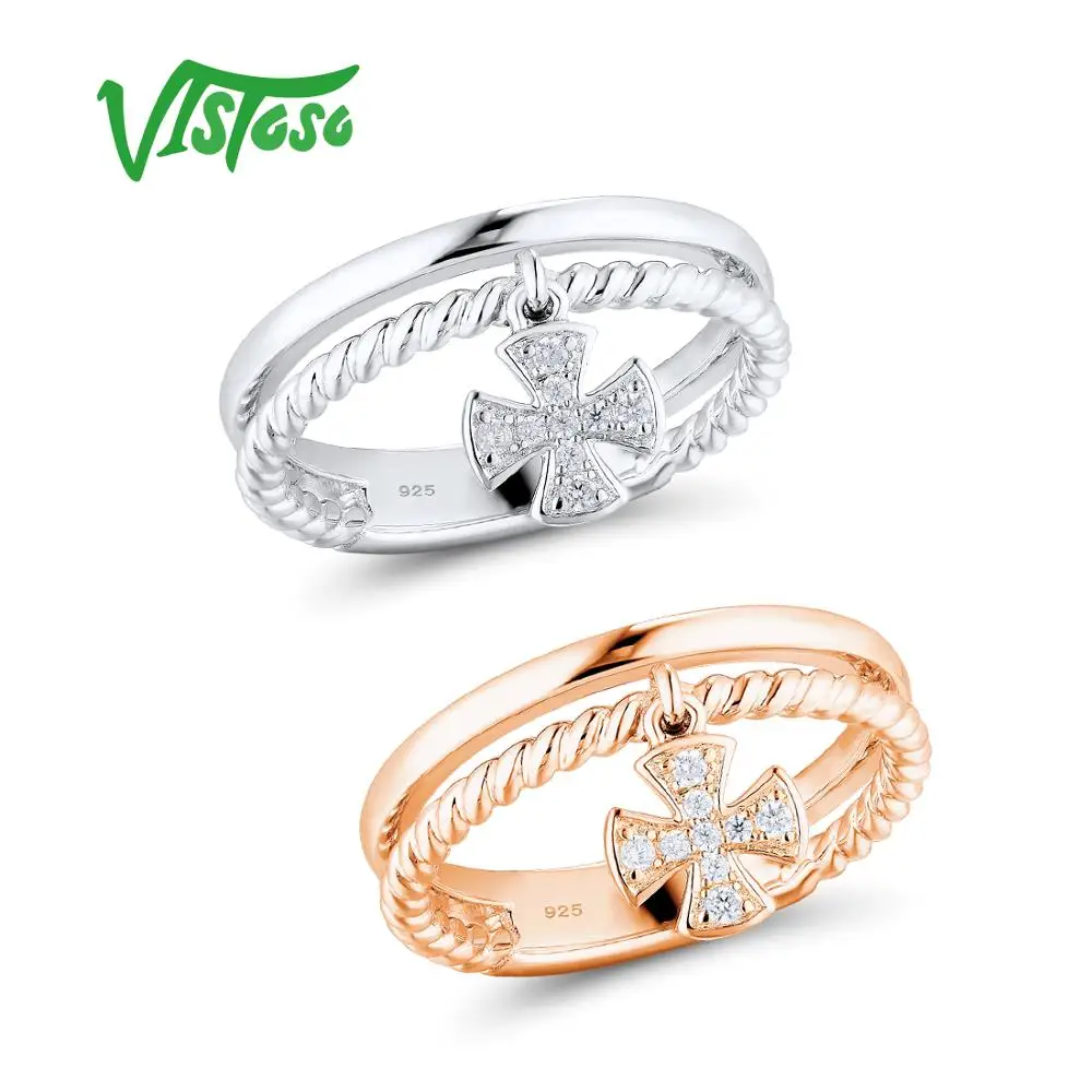 VISTOSO серебряные кольца для женщин 925 пробы серебряный крест розовое золото цвет