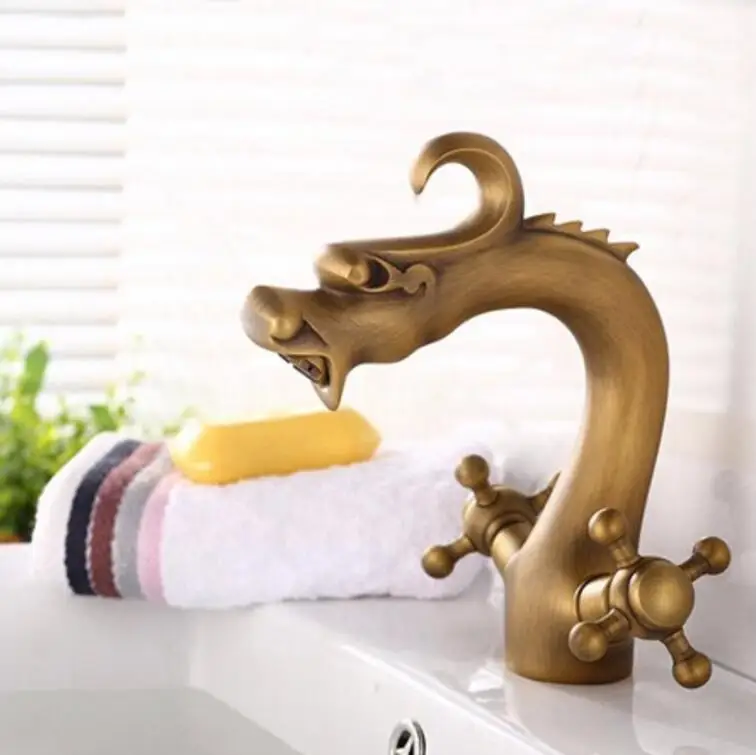 

Antique Dragon Bathroom Basin Faucet brass bathroom faucets single handle Hot and Cold Water Tap Deck Mounted Mixer Tap