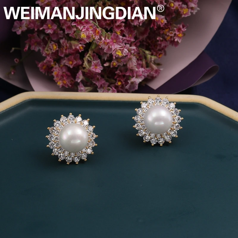 WEIMANJINGDIAN, Новое поступление, имитация жемчуга в виде ракушки, Центрированные блестящие кубические циркония, CZ Кристалл, цветок, серьги-гвоздики для женщин