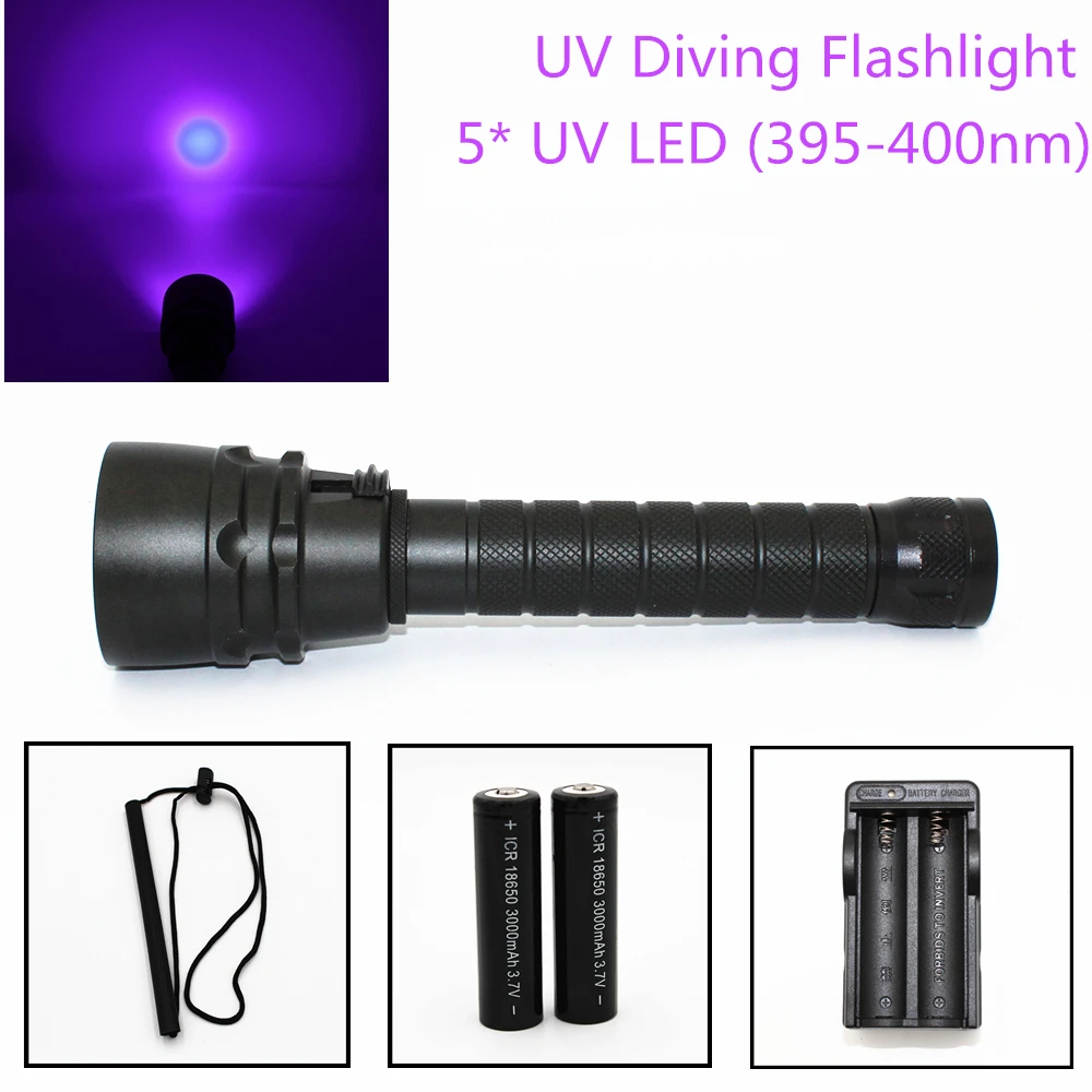 25W Ultraviolet Lantern 5000LM 5 x UV LED Purple Light Underwater 100M Diving Flashlight Aluminum Torch (395-400nm) for Hunting