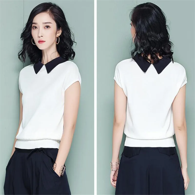 Женская летняя рубашка топ из вискозы с коротким рукавом и отворотом короткая