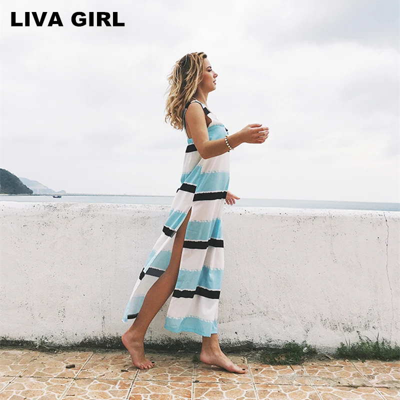 Повседневное Открыть Сторона V шеи спинки синий в полоску ботильоны Длина платье