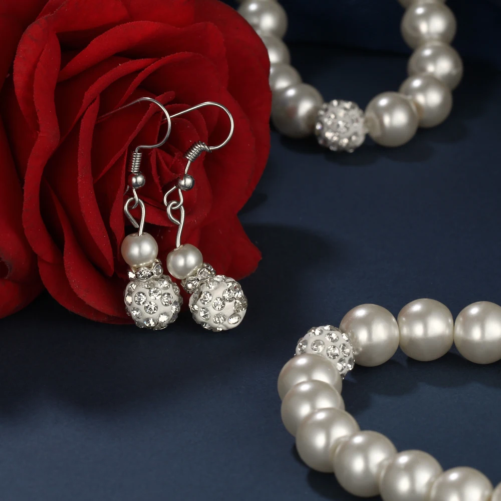 17KM Sliver Color Simulated Pearl Jewelry Sets For Women Vintage Necklace Crystal Earrings Bracelet Party Wedding Accessories | Украшения и