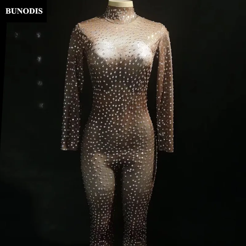 ZD347 Women Sexy Diamond Jumpsuit Simple Type Full Sparkling Crystals Party Nightclub Bodysuit Stage Wear Singer Dancer Bling