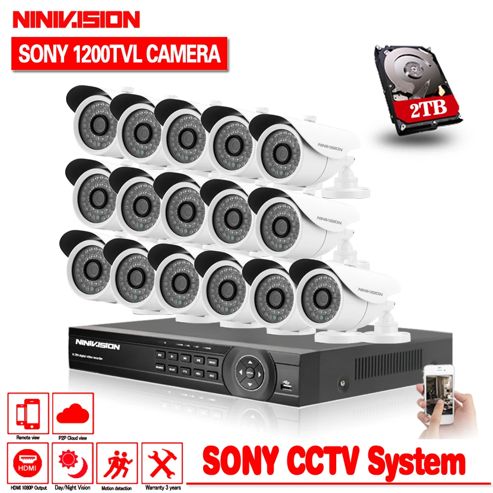 

16channel HDMI 1080P AHD 1080N DVR CCTV HD 1/3"CCD 1200TVL security waterproof Camera video surveillance kit System 2TB HDD